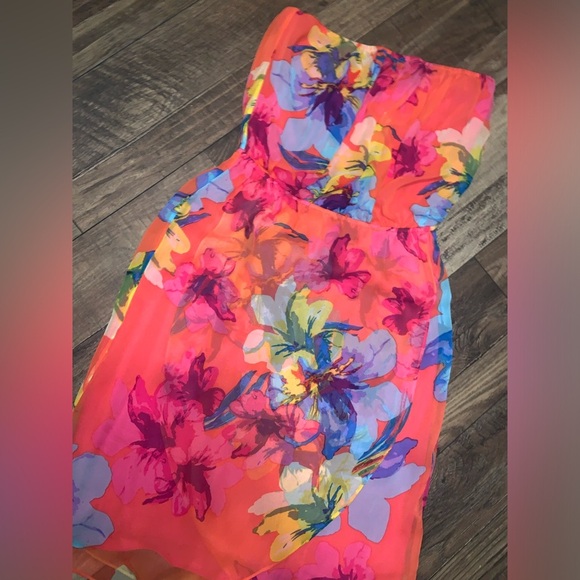 Ella Moss Hibiscus Floral Silk Strapless Dress in guava L $138 spring cocktail - Picture 10 of 10